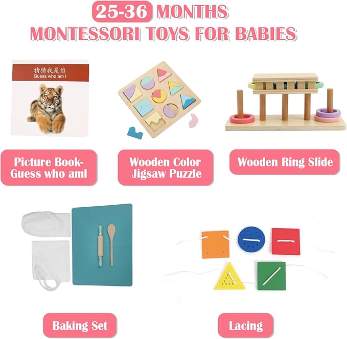 Montessori Toys for1 Year Old，25-36 Months, 5 in 1 Learning Educational Set Wooden Toys (Includes Guess who I am,Lacing, Baking Set, Land and Sky Two-Part Puzzle Board,Ring Slide)