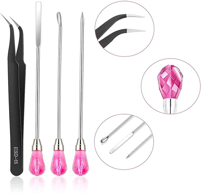 MSDADA 11 Pcs Silicone Resin Mold Tools Set Stirring Needle Spoon Tool Tweezers Precision Kit, Anti-Static Electronics Tweezers Set for Resin Art Crafts,Jewelry Making(Rose Red+Pink)