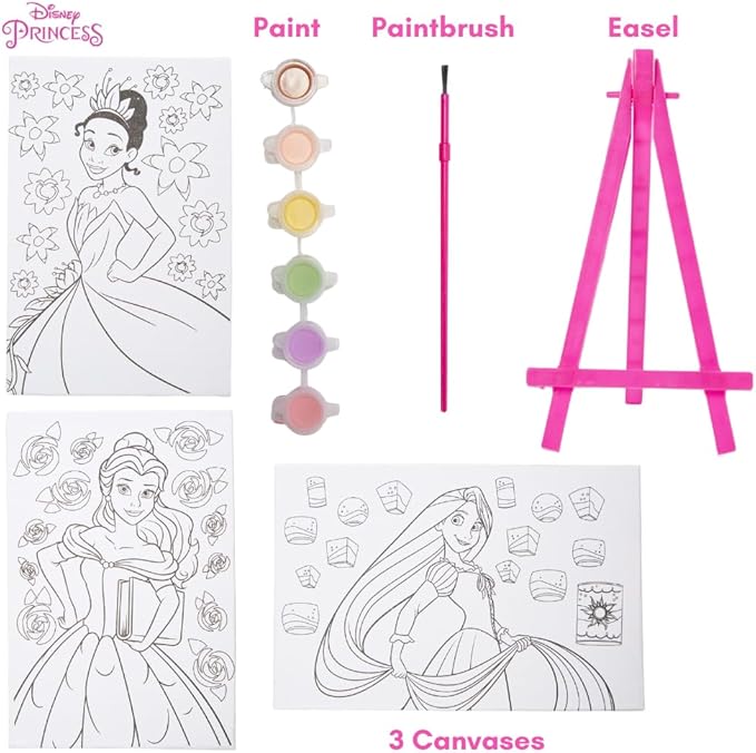 Innovative Designs Disney Princess Canvas Paint Set for Kids with 3 Canvases, Acrylic Paint, Paintbrush, & Easel