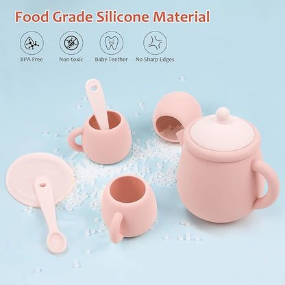 MCGMITT Silicone Tea Set, Tea Party Set for Little Girls Boys, 15 Pcs BPA Free Dishwasher Safe Pretend Tea Set for Toddlers Kids Age 3-6, Cute Toy Kitchen Accessories for Children Birthday Gifts