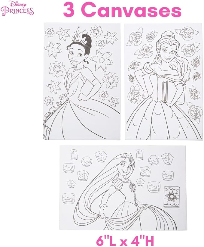 Innovative Designs Disney Princess Canvas Paint Set for Kids with 3 Canvases, Acrylic Paint, Paintbrush, & Easel