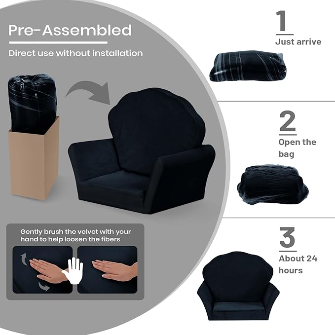 COSYLAND Kids Sofa for Toddler, 2-in-1 Folding and Expandable Soft Chair Bed Toddlers,Convertible Sofa to Lounger Sleeper Chair Bed for Girls and Boys,Black