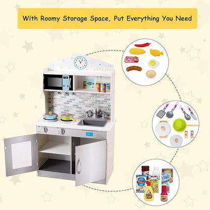 OLAKIDS Kids Kitchen Playset, Wooden Play Kitchen for Toddlers with Real Sounds, Stove Microwave Oven Sink Faucet, Large Storage Cabinet, Pretend Play Toys Cooking Gift for Boys Girls (Silver)