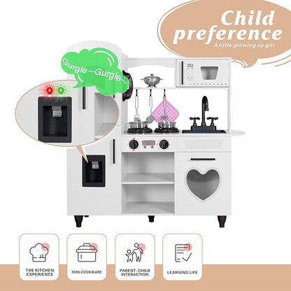 TaoHFE Kids Kitchen Playset,White Play Kitchen Sets for Kids Ages 4-8 Boys Gift Girl Toddler Kitchen Set for Kids Kitchen Playset with Lights & Sounds Wooden Toy Kitchen Playset Gift Kids Kitchen Set