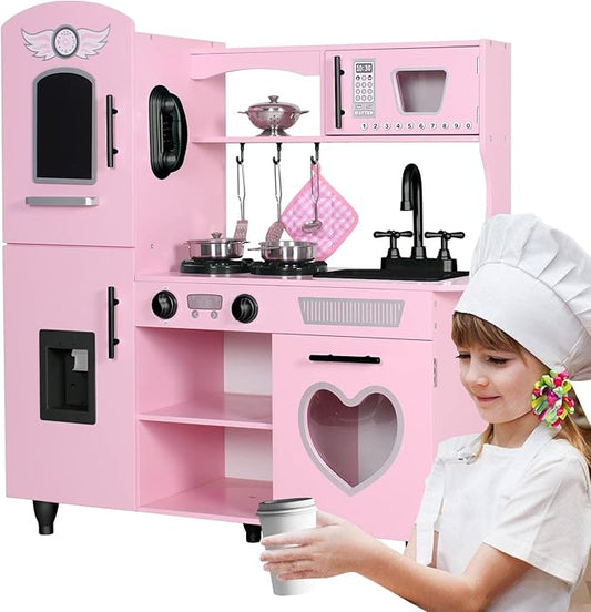TaoHFE Play Kitchen, Pink Kids Kitchen Set for Girls Kitchen Set for Kids Ages 6-8 Gift Toddler Kitchen Set for Kids Age 3+ Kids Kitchen Playset with Lights & Sounds Wooden Toy Kitchen Playset Gift