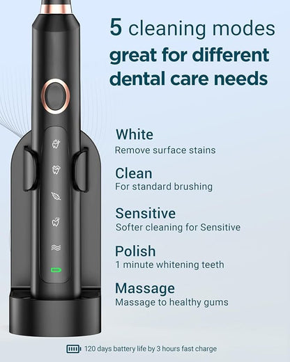 Rtauys M5 Sonic Electric Toothbrush for Adults and Kids - Rechargeable Electric Toothbrush Kids Ages 12+ and Adults with 8 Brush Heads & Travel Case, 120 Days Battery Life - Black