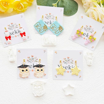 Graduation Polymer Clay Cutters & Stamp Set - 11pcs Sharp & Durable 2026, Owl, Cap, Gown, Diploma, Cake & Star Shapes for DIY Earring Jewelry Making, Soft Clay Crafts & Class Party Supplies