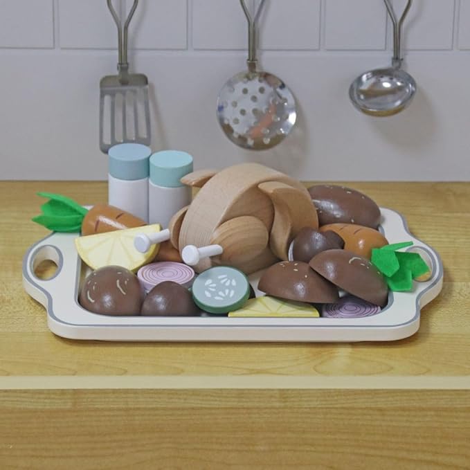 Thanksgiving Turkey Chicken Toy Wooden Play Food for Little Kids, Pretend Play Food Toys for Children, Great Wooden Kitchen Accessories Toys Lunch Set for 3, 4, 5 Year Old Girls and Boys