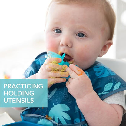 Bumkins Baby Utensils Set, Chewtensils Silicone Spoons for Dipping, Self-Feeding, Baby Led Weaning, Trainer Learning, First Stage Eating, Soft Practice Fork and Spoon, Babies 6 Months, Blue Jelly