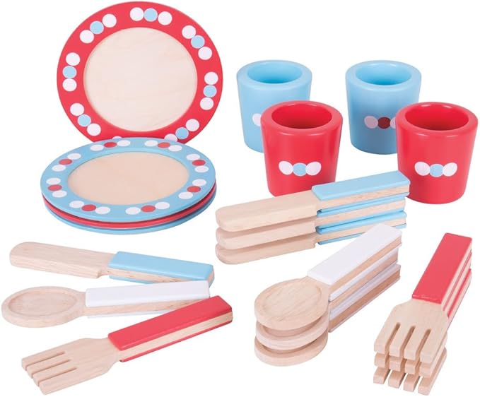 Bigjigs Toys Role Play Dinner Service Tea Set - Kids Tea Set with Toddler Cutlery, Toy Kitchen Accessories for Wooden Play Kitchen, Toy Plates and Cutlery Set