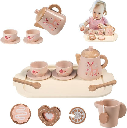 Tea Party Set for Toddlers 3-5 12 Pieces Toddler Tea Set for Little Girls Pretend Play Kitchen Accessories with Teapot,Cups,Tray and Cookies Birthday Gifts for 3 4 5 Year Old Girls