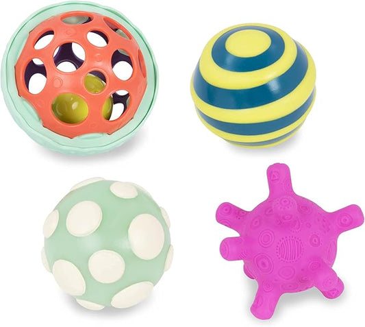 B. toys- B. baby- 4 Sensory Balls – Baby Toys – Developmental Play – Rubber Balls with Textures, Sounds, Lights – Ball-a-baloos- 6 Months +