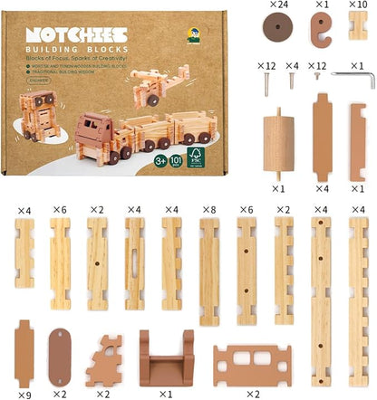 Jovi-mindly Wooden Blocks Wooden Train Set 101 PCS Create 40+ Shapes,Wooden Toys Educational Wooden Building Blocks Wooden Puzzles for Kids Ages 4-8 Boys and Girls,Truck/Excavator,FSC Certified