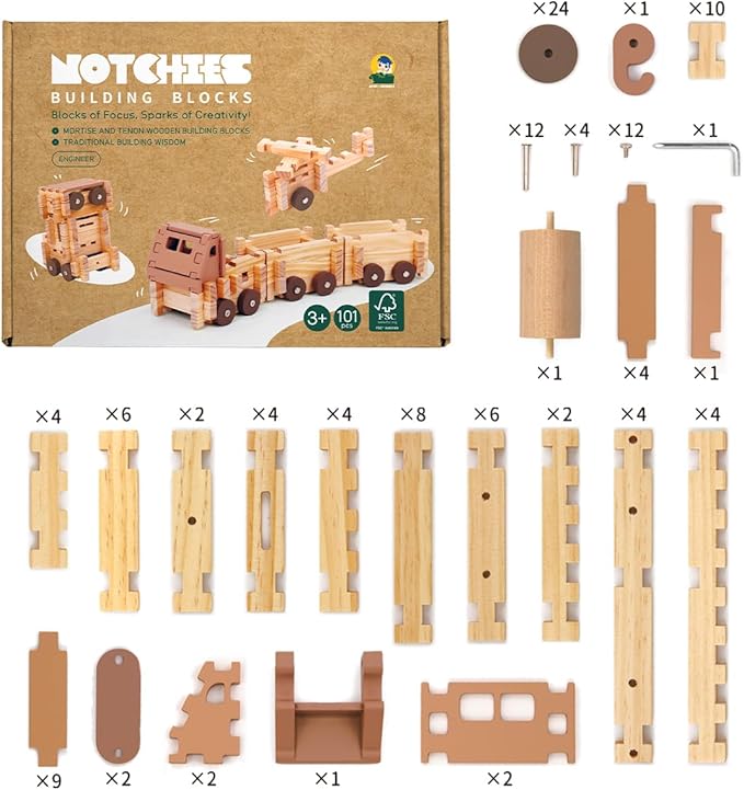 Jovi-mindly Wooden Blocks Wooden Train Set 101 PCS Create 40+ Shapes,Wooden Toys Educational Wooden Building Blocks Wooden Puzzles for Kids Ages 4-8 Boys and Girls,Truck/Excavator,FSC Certified