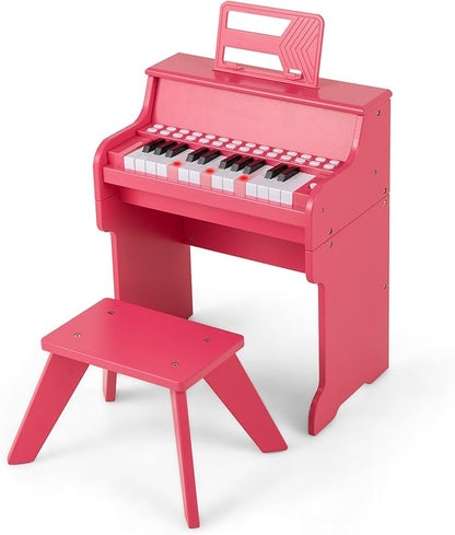 HONEY JOY Wooden Kids Piano, 25 Lighted Keys Kids Keyboard Piano w/Music Stand, Bench, Early Learning Educational Musical Instrument, Baby Music Toy for 3+ Years Old Toddlers Boys Girls (Pink)