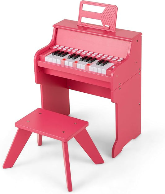 HONEY JOY Wooden Kids Piano, 25 Lighted Keys Kids Keyboard Piano w/Music Stand, Bench, Early Learning Educational Musical Instrument, Baby Music Toy for 3+ Years Old Toddlers Boys Girls (Pink)