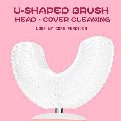 Kids U Shaped Electric Toothbrush with 4 Brush Heads, Sonic Toothbrush Kids with 5 Modes, Cartoon Dinosaur 360-Degree Cleaning IPX7 Waterproof Design (2-6 Age (Pink))