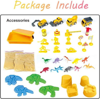 INvench Construction Dinosaur Play Sand Set - 38 Pieces Sensory Bin Sand Kit Include 2 lbs Magic Sand, Construction Vehicle, Dinsoaur Figures, Dinosaur & Castle Molds for 3 4 5 Year Old Toddlers Kids