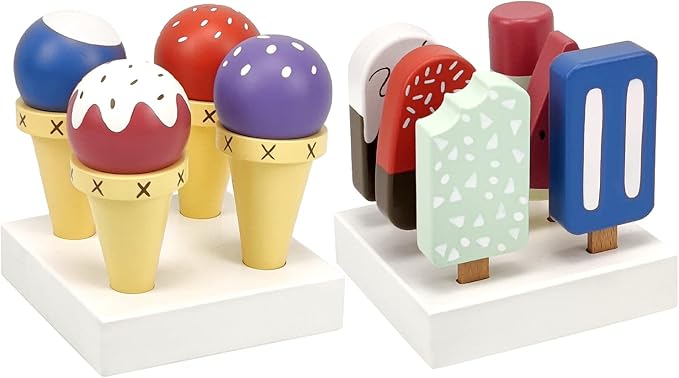 12 Pieces Ice Cream Toy Set with Wooden Popsicle Ice Cream Bar Pretend Play Food Accessories for Kids Encourage Role Play and Develops Social Skills for Children 3+