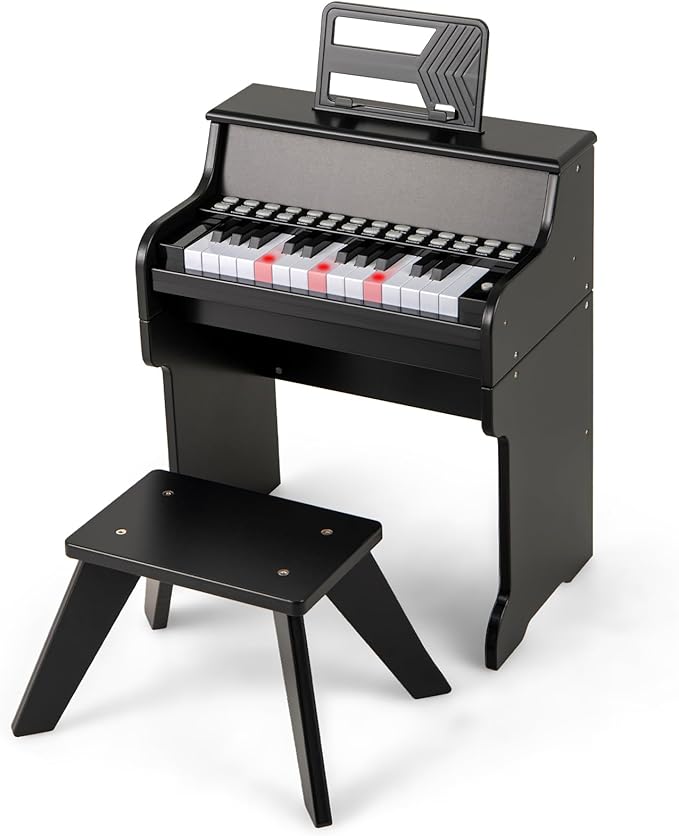 HONEY JOY Wooden Kids Piano, 25 Lighted Keys Kids Keyboard Piano w/Music Stand, Bench, Early Learning Educational Musical Instrument, Baby Music Toy for 3+ Years Old Toddlers Boys Girls (Black)