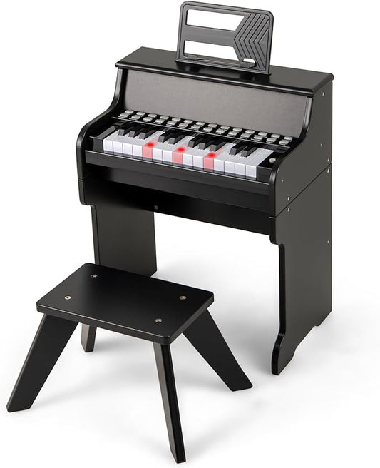 HONEY JOY Wooden Kids Piano, 25 Lighted Keys Kids Keyboard Piano w/Music Stand, Bench, Early Learning Educational Musical Instrument, Baby Music Toy for 3+ Years Old Toddlers Boys Girls (Black)
