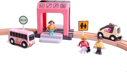 School Bus Station Toy for Wooden Train Track, DIY Extend Station Playset for Railroad Train Track,Preschool Learning Educational Toys for Toddlers Kids Age 3 and up