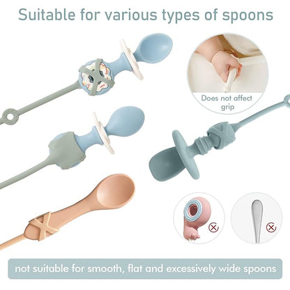 Baby Spoons Self Feeding 6 Month,Toddler Utensils Holder Strap Food Grade Silicone Keep Fork and Spoon Off The Floor Great for Kids,Hook On High Chair（Blue）