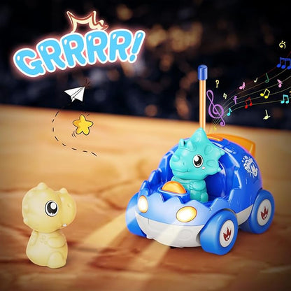 2 Pack Dinosaur Remote Control Cars Toys for Kids 2 3 4 5 Years Old, Easter Present Birthday Gifts for Boys and Girls Ages 2-5, Dino Race Car Toddlers Toys with Music and Light(Red Blue)