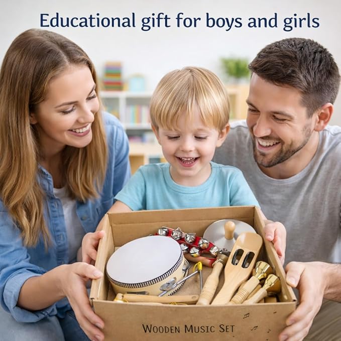 Stoie's Wooden Toddler Musical Instruments with Drum, Flute, Hand Bells, Cymbals, Castanets, Triangle, for Babies and Toddlers, Eco Friendly Montessori Educational Toy