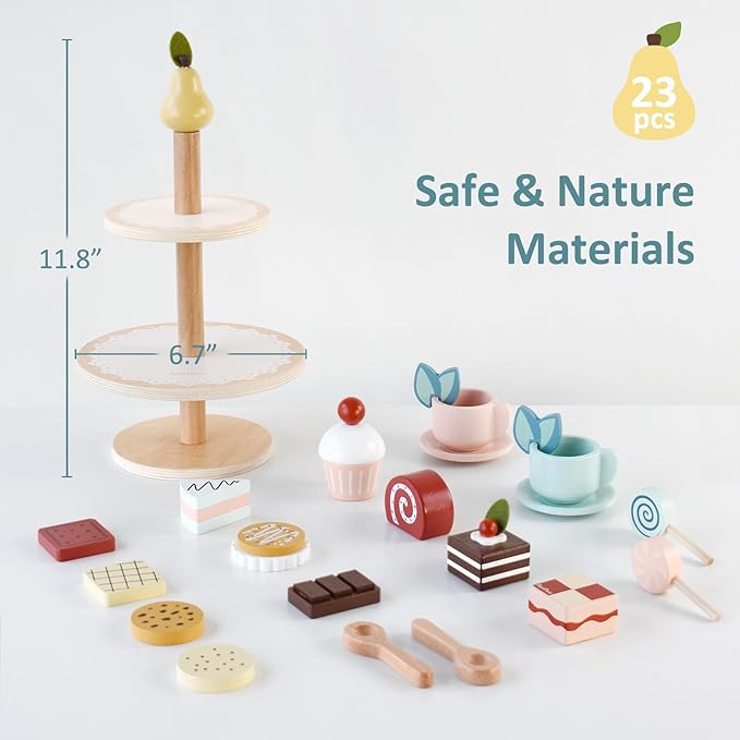 PairPear Tea Party Set Dessert Stand Playset -Wooden Toys Pretend Play Food Kitchen Accessories for Toddler Tea Set Birthday Gift