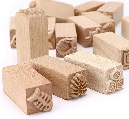 OwnMy Set of 16 Clay Modeling Pattern Stamp Kit, Wooden Clay Pottery Stamps Pottery Tool Wood Block Stamp, Clay Rolling Pin Textured Hand Roller Wooden Handle Pottery Tools Set