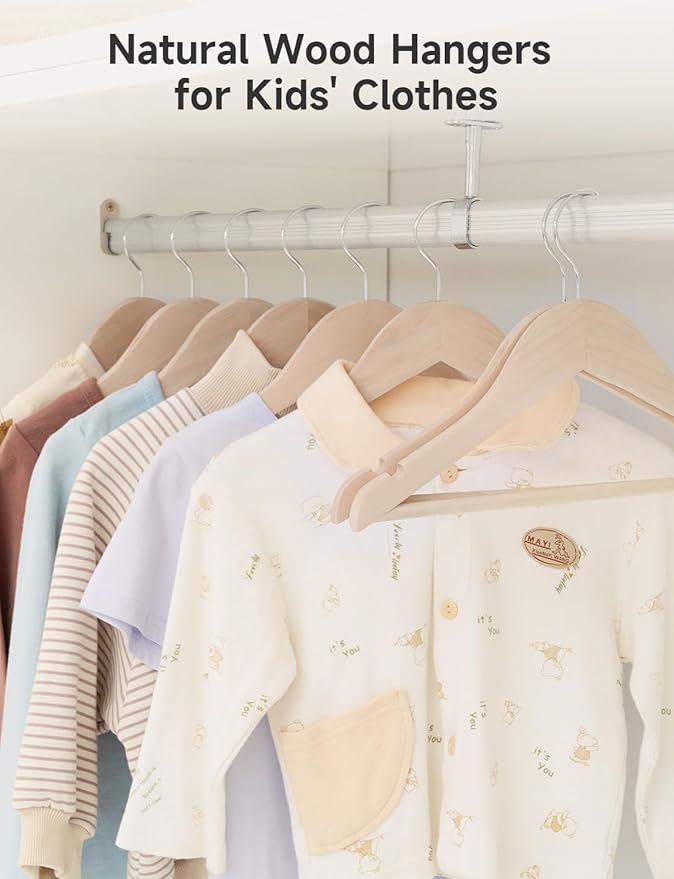 StorageWorks Baby Clothes Hangers, Kids Wooden Hangers with Pant Bar, 20-Pack Natural Wood Hangers for Toddler, Children's Coat Hangers for Closet, Solid Lotus Wood Hangers, Natural Lotus Wood Color