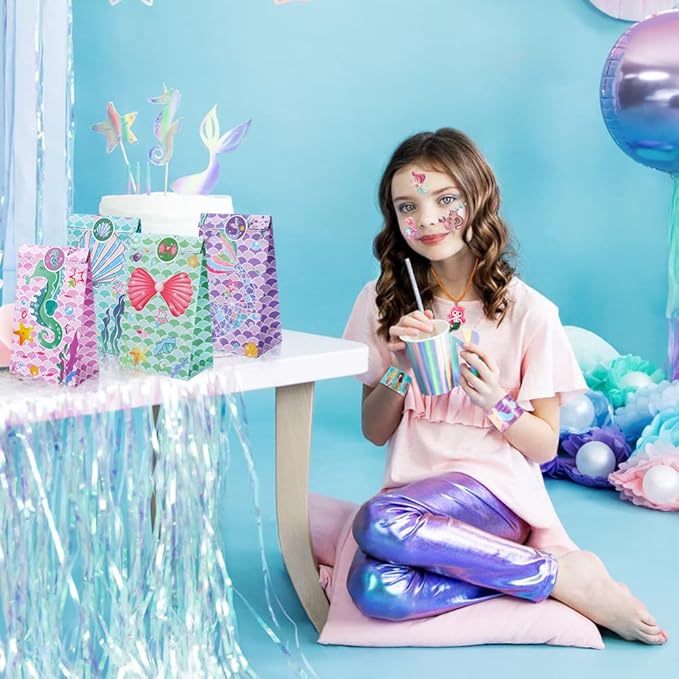 Golray 96Pcs Mermaid Party Favors with Goodie Bags Necklace Bracelet Rings Hair Clip Stampers Tattoo Tail Keychain for Girls Prize Toy Gift Stuffers Fillers Pinata Mermaid Birthday Party Supplies