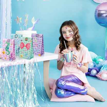 Golray 96Pcs Mermaid Party Favors with Goodie Bags Necklace Bracelet Rings Hair Clip Stampers Tattoo Tail Keychain for Girls Prize Toy Gift Stuffers Fillers Pinata Mermaid Birthday Party Supplies