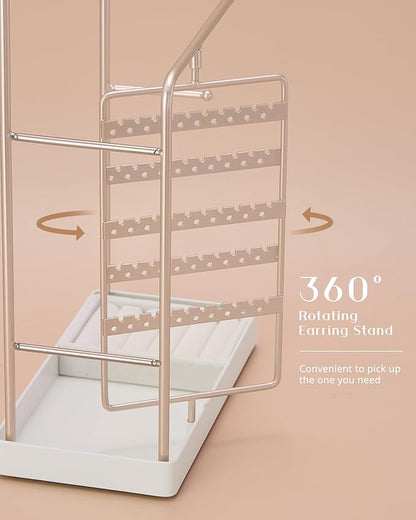 ProCase Jewelry Stand Holder Organizer, Jewelry Display Storage with Ring Tray, Rotating Earring Bracelet Necklace Holder, Valentine's Gifts Room Dorm Decor for Teen Girls -Champagne (No-Assembly)