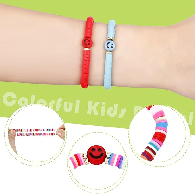 Sureio 24 Pcs Colorful Happy Smile Face Friendship Bracelets Preppy Bracelets Heishi Surfer Stretch Bracelets Beaded Bracelet for Women Party Favors