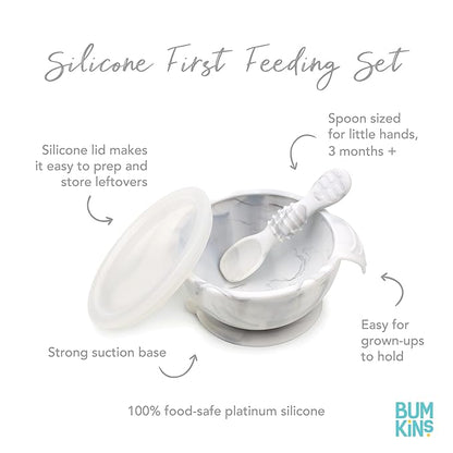 Bumkins Baby Bowl, Silicone Feeding Set with Suction for Baby and Toddler, Includes 4 Spoons and Lid, First Feeding Set, Training Essentials for Baby Led Weaning for Babies 4 Months Up, Marble