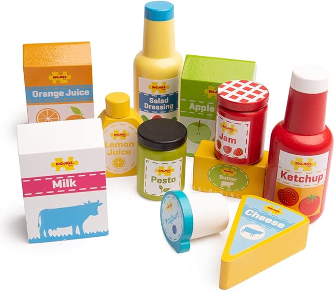 Bigjigs Toys Chilled Groceries Wooden Play Food - 11 Grocery Play Food Pieces, Quality Toy Food for Toddlers & Children, Perfect Kids Wooden Kitchen Accessories for Pretend Play