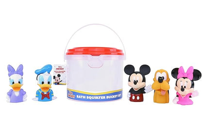 Mickey & Friends 6 Piece Bath Squirter Bucket Set. Bath Toys for Baby and Toddlers, Includes Organizer Bucket with Drainage to Store Your Bath time Water Toys.