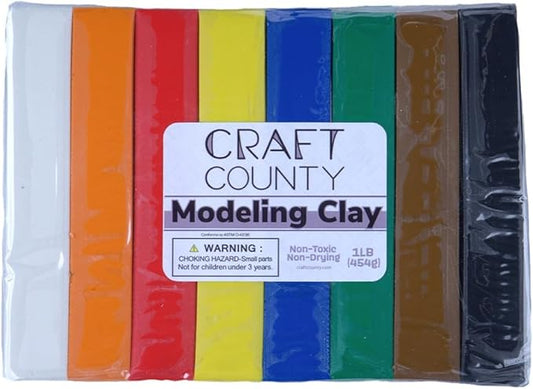 Craft County Modeling Clay – 1 lb (Eight Assorted Color Bars) – Use for Claymation, Models, and Stop Motion (Primarys)