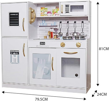 Wooden Play Kitchen Toy Set with Light, Kids Children Pretend Toy Kitchen Playset, Sink with Faucet, Oven, Microwave, Kitchenware Set Accessories for Ages 3-8 Girls Boys