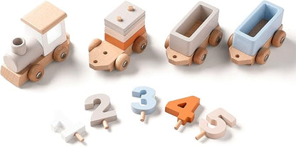 Wooden Train Set for Toddler Toys 14pcs Montessori Train Toy Set for Baby 3-5 Years Wooden Train Cars with 1 2 3 4 5 Numbers & Blocks Birthday Gift for Boys Girls