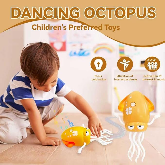 Dancing Octopus Baby Toy – USB Rechargeable Electric Crawling Tummy Time Toy, Magical Musical Squid with LED Lights, Music & Obstacle Avoidance – Birthday Gift for Kids Ages 3Y+ (Yellow)