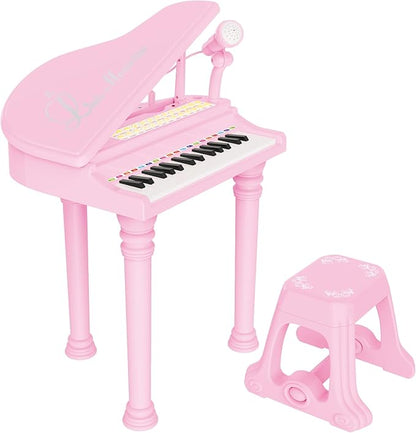 Losbenco Kids Piano Keyboard Toy, Toddler Electronic Musical Instrument Educational Toy with Microphone, Multiple Sounds, Record Playback, Lights & Stool, Birthday Gift for 3 4 5 6 7 Years Old Girls