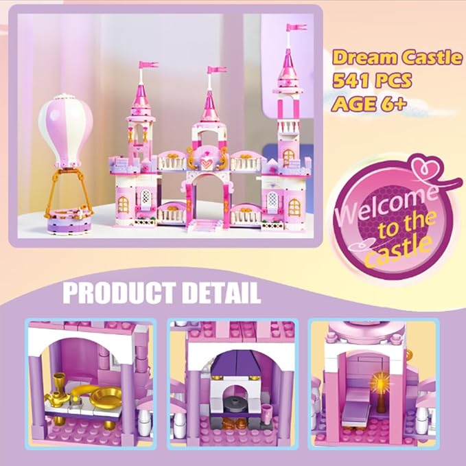 Princess Castle Girls Building Blocks Toys 541 Pieces Multi Shaped Castle Hot Air Balloon Toys for Girls Construction Bricks Christmas Birthday Gift for Kids Age 6-12 and Up
