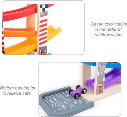 Wood City Toddler Toys for 1 2 3 Years Old, Wooden Car Ramp Racer Toy Vehicle Set with 7 Mini Cars & Race Tracks, Montessori Toys Craft Gift for Toddlers Boys and Girls
