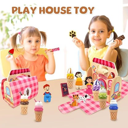 Migargle Wooden Ice Cream Shop Playset - Pretend Play Food & Kitchen Accessories for Kids Ages 3+, Portable Handbag Included, Ideal Christmas & Birthday Gifts for Girls and Boys