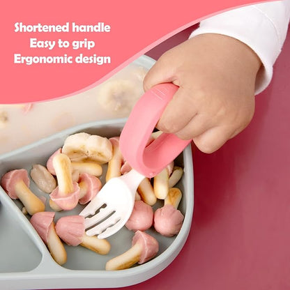 Baby Self Feeding Training Spoon and Fork Set with Travel Case, BPA-Free Cute Circle Toddler Training Utensils, Silicone/ABS Great Tableware Set Spoons Fork for Kids(Pink)