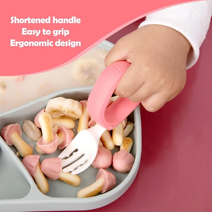 Baby Self Feeding Training Spoon and Fork Set with Travel Case, BPA-Free Cute Circle Toddler Training Utensils, Silicone/ABS Great Tableware Set Spoons Fork for Kids(Yellow)