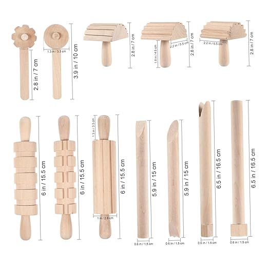 Garneck 12Pcs Clay Sculpting Tools Set Wooden Plasticine Molding Tools with Rolling Pins Stamps Modeling Accessories for Kids DIY Pottery and Handcrafts